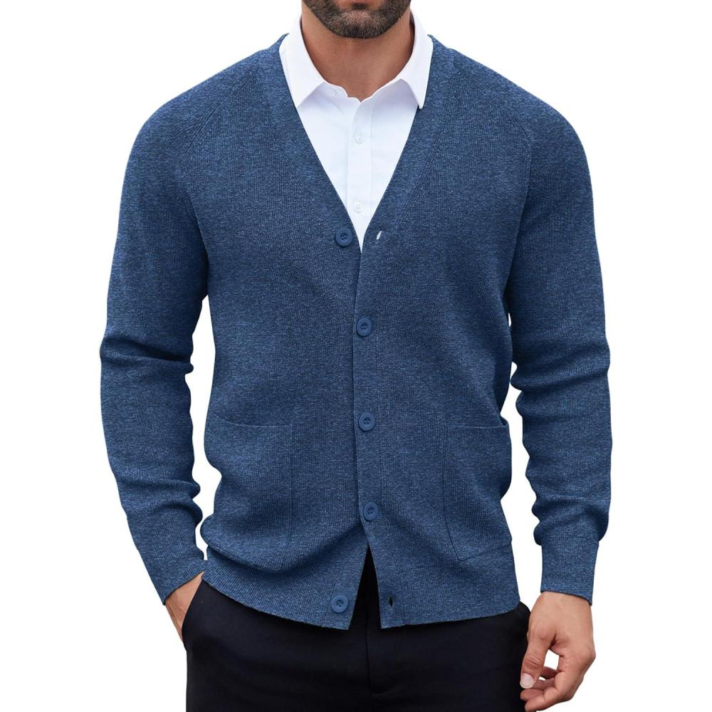 imageCOOFANDY Mens Cardigan Sweaters with Button Lightweight Casual V Neck Long Sleeve Pockets Knitted SweaterBlue