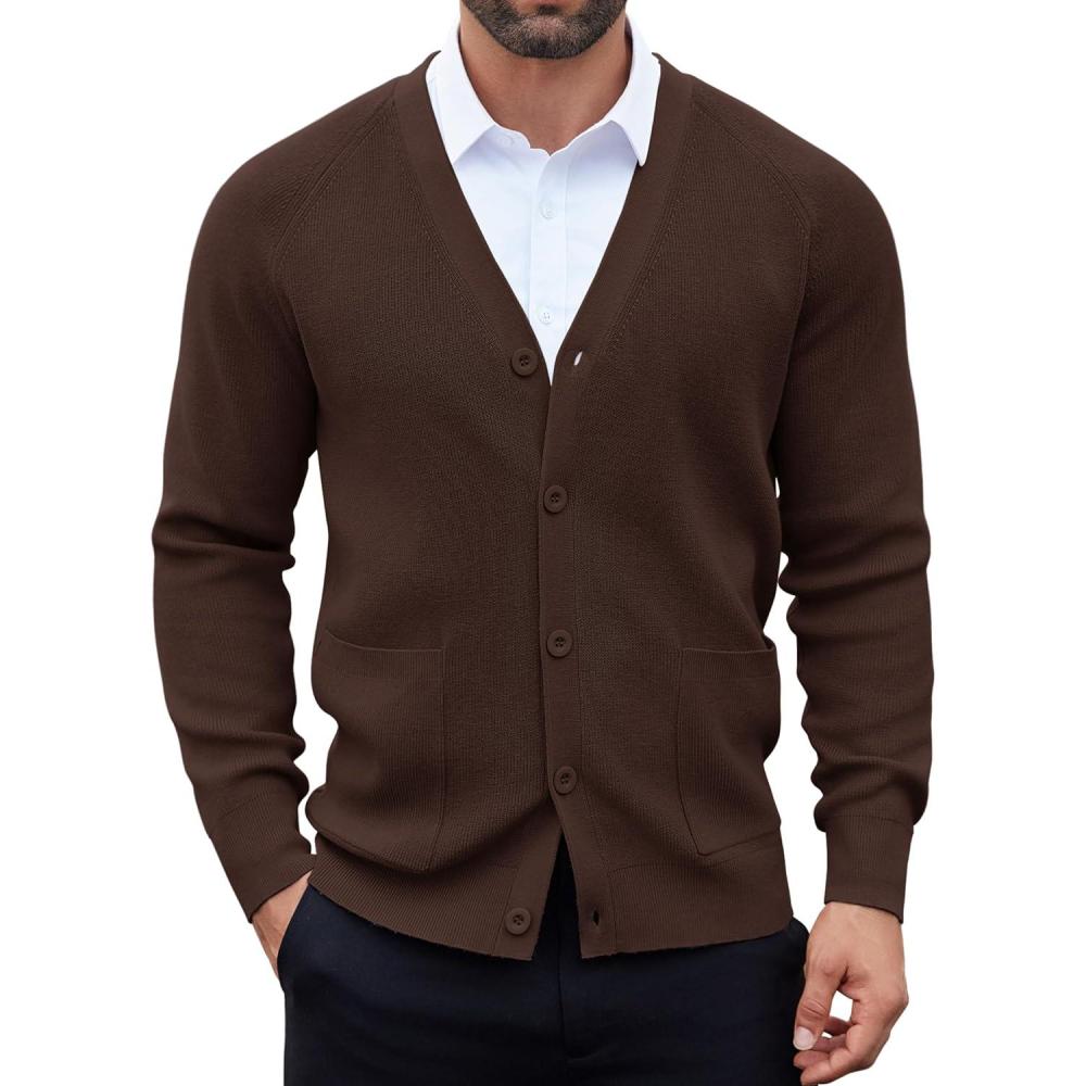 imageCOOFANDY Mens Cardigan Sweaters with Button Lightweight Casual V Neck Long Sleeve Pockets Knitted SweaterBrown