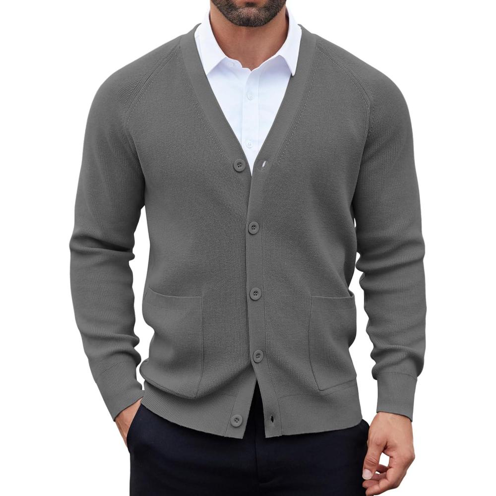 imageCOOFANDY Mens Cardigan Sweaters with Button Lightweight Casual V Neck Long Sleeve Pockets Knitted SweaterDark Grey
