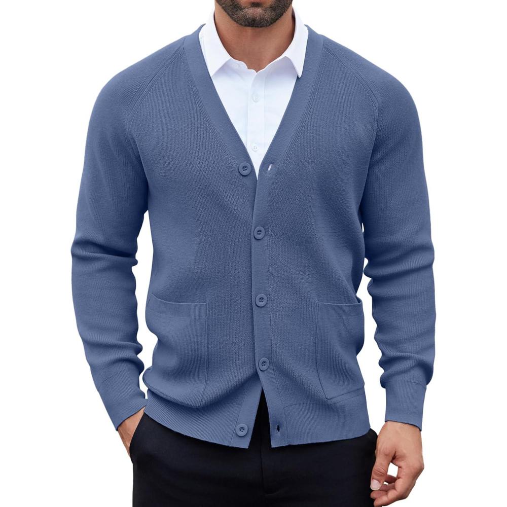 imageCOOFANDY Mens Cardigan Sweaters with Button Lightweight Casual V Neck Long Sleeve Pockets Knitted SweaterDusty Blue