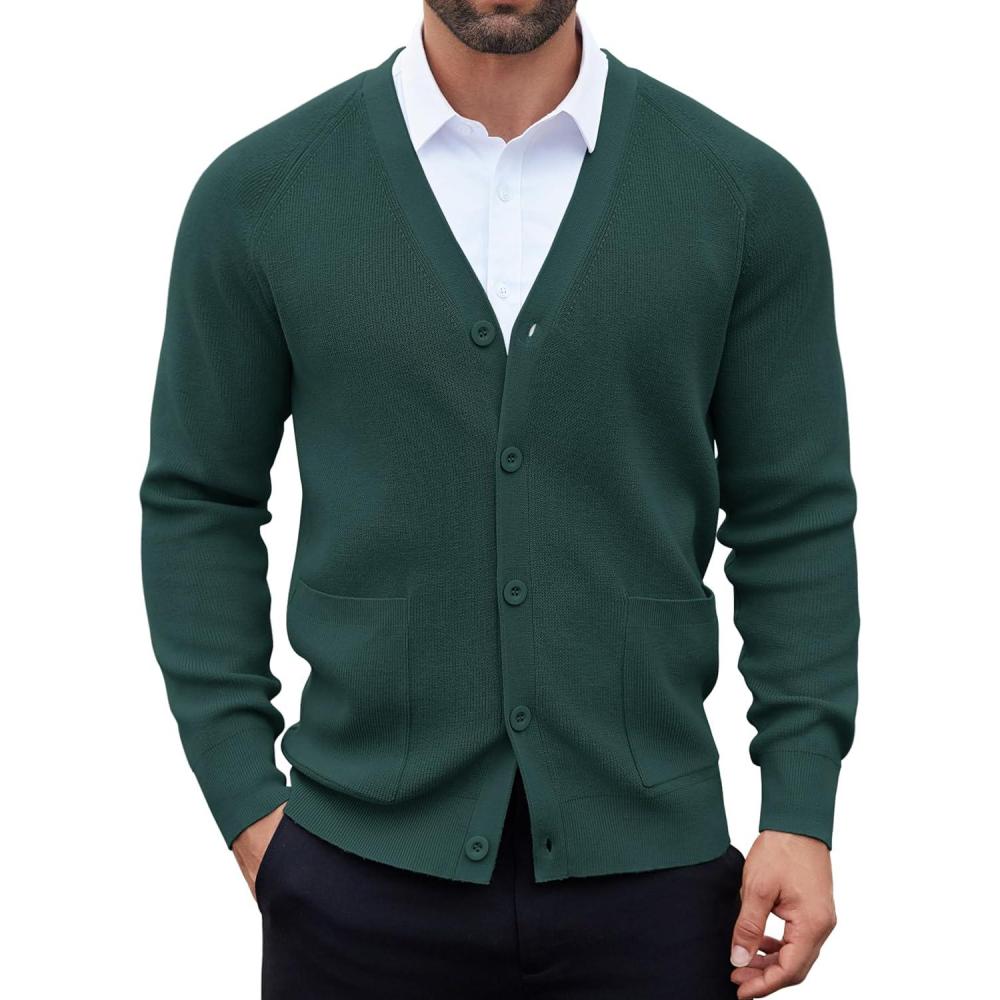 imageCOOFANDY Mens Cardigan Sweaters with Button Lightweight Casual V Neck Long Sleeve Pockets Knitted SweaterGreen
