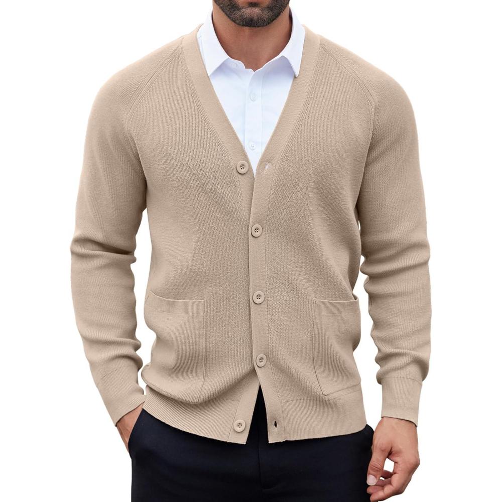 imageCOOFANDY Mens Cardigan Sweaters with Button Lightweight Casual V Neck Long Sleeve Pockets Knitted SweaterKahki