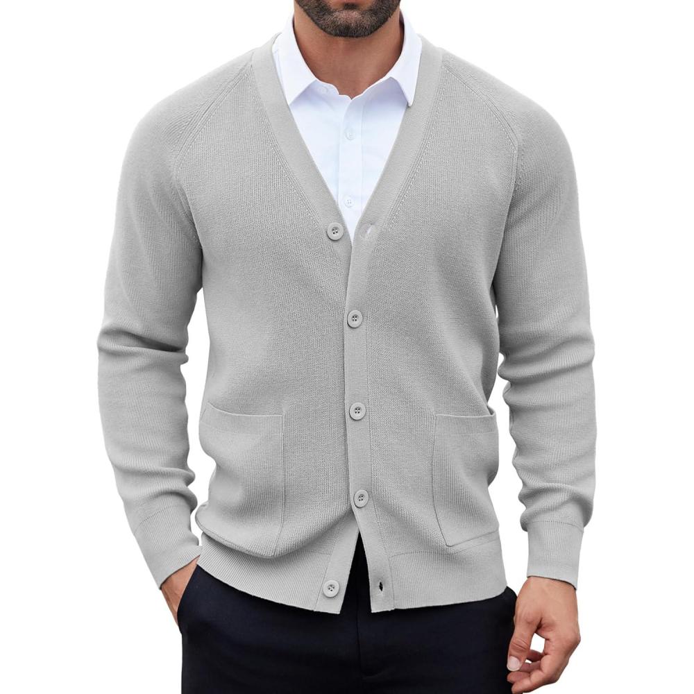imageCOOFANDY Mens Cardigan Sweaters with Button Lightweight Casual V Neck Long Sleeve Pockets Knitted SweaterLight Grey