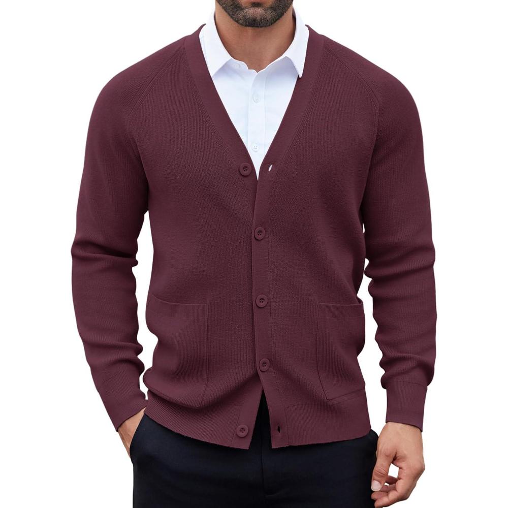 imageCOOFANDY Mens Cardigan Sweaters with Button Lightweight Casual V Neck Long Sleeve Pockets Knitted SweaterRed