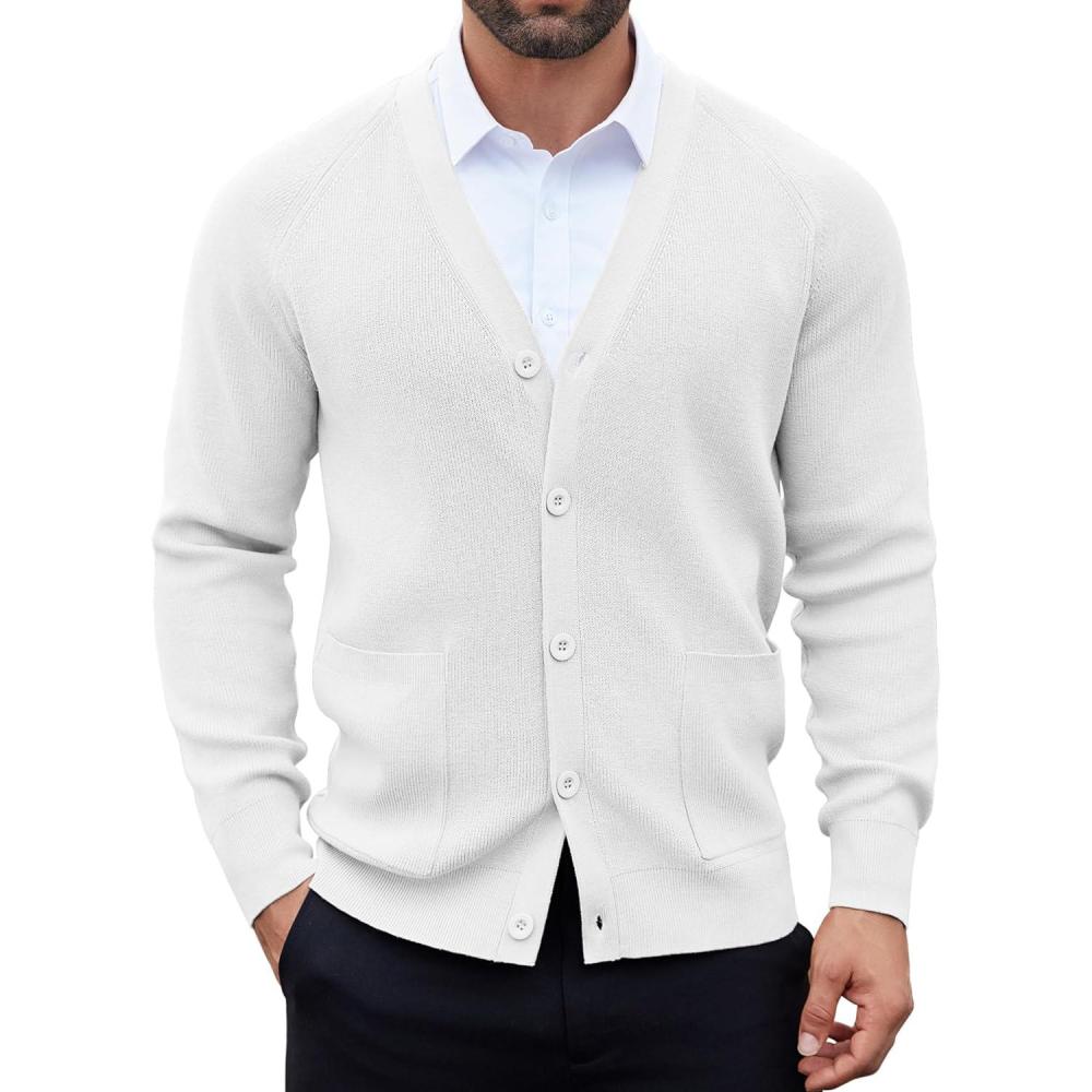 imageCOOFANDY Mens Cardigan Sweaters with Button Lightweight Casual V Neck Long Sleeve Pockets Knitted SweaterWhite