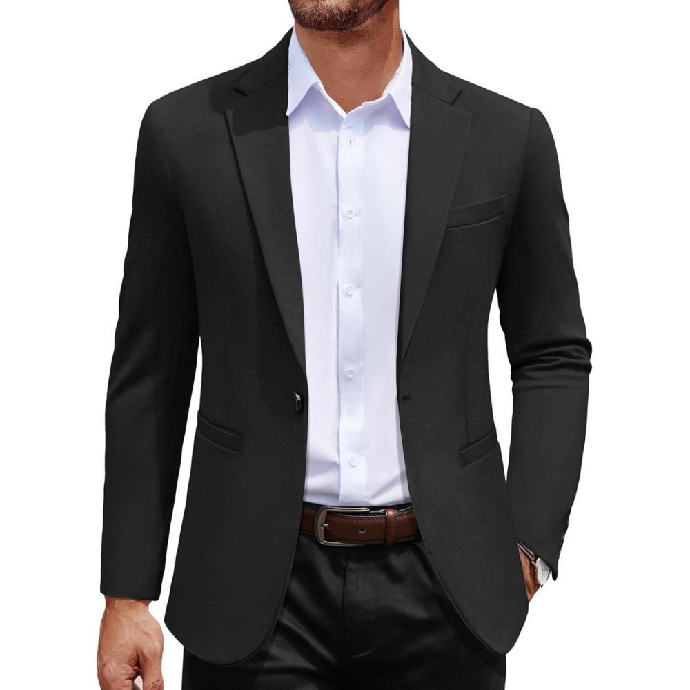 imageCOOFANDY Mens Casual Blazer Jacket One Button Suit Jackets Lightweight Knit Sport CoatBlack