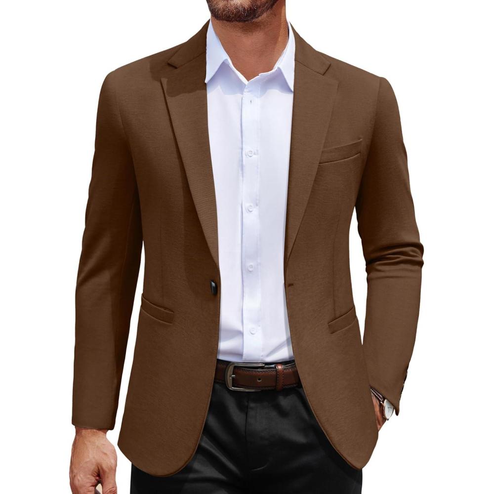 imageCOOFANDY Mens Casual Blazer Jacket One Button Suit Jackets Lightweight Knit Sport CoatBrown