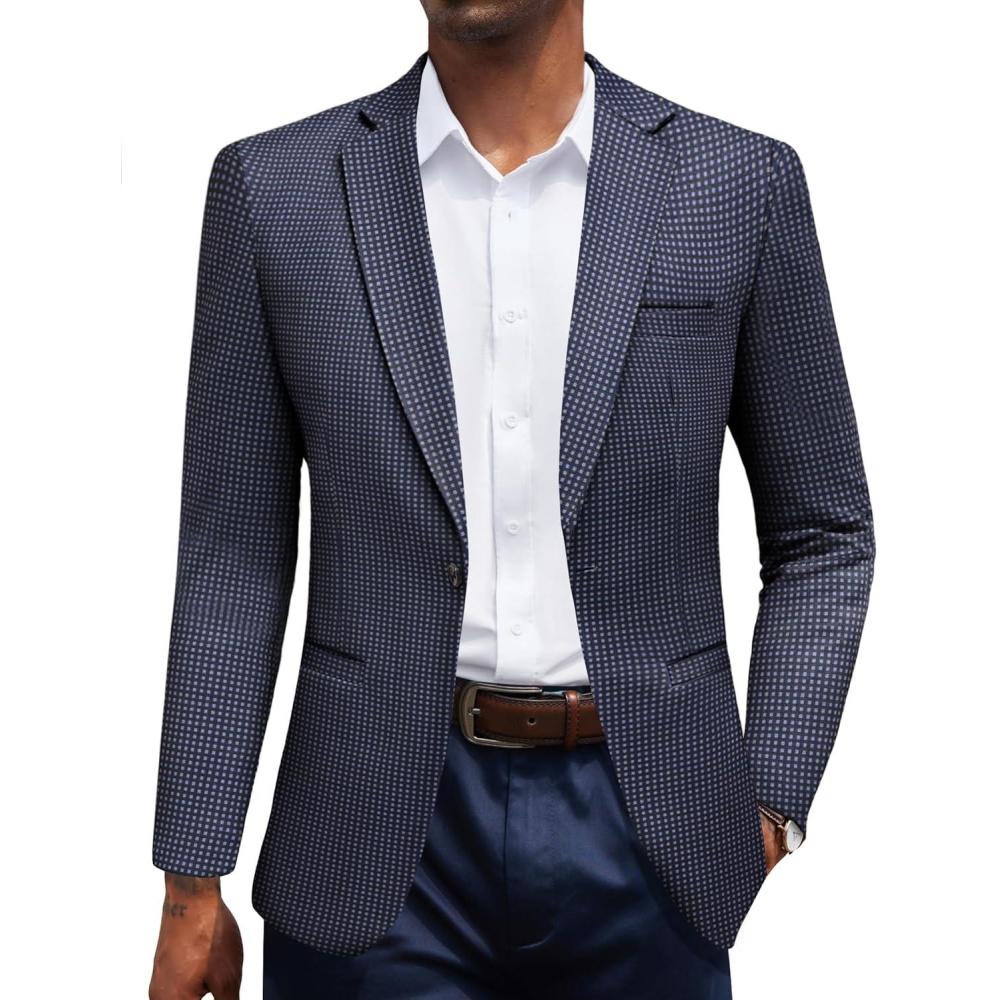 imageCOOFANDY Mens Casual Blazer Jacket One Button Suit Jackets Lightweight Knit Sport CoatGridblue