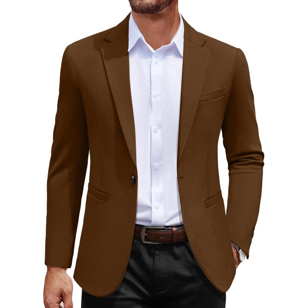 imageCOOFANDY Mens Casual Blazer Jacket One Button Suit Jackets Lightweight Knit Sport CoatLight Brown