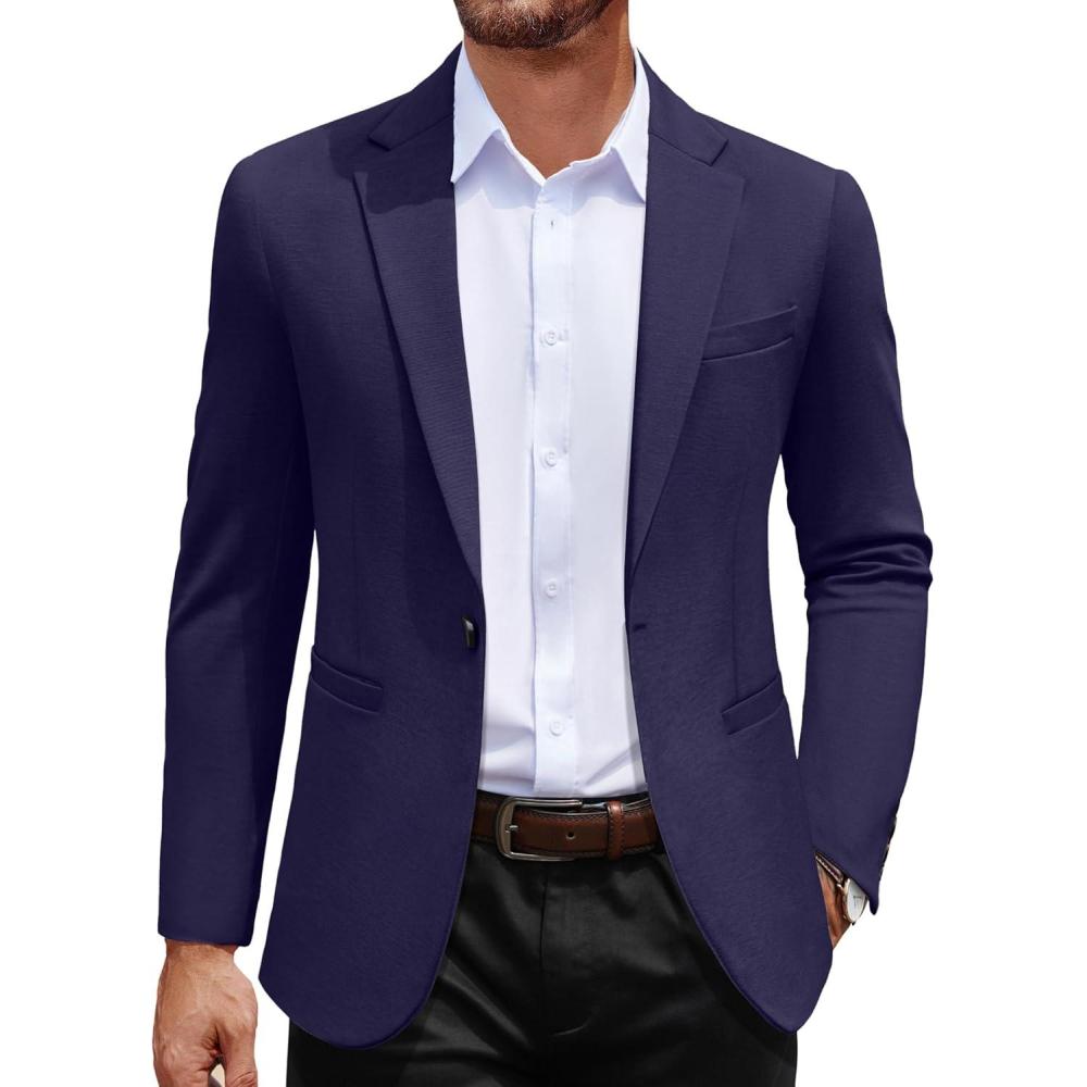 imageCOOFANDY Mens Casual Blazer Jacket One Button Suit Jackets Lightweight Knit Sport CoatNavy Blue