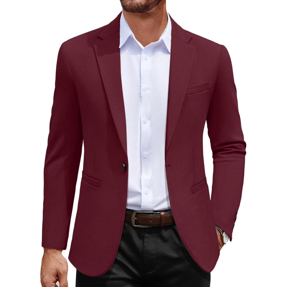 imageCOOFANDY Mens Casual Blazer Jacket One Button Suit Jackets Lightweight Knit Sport CoatWine Red