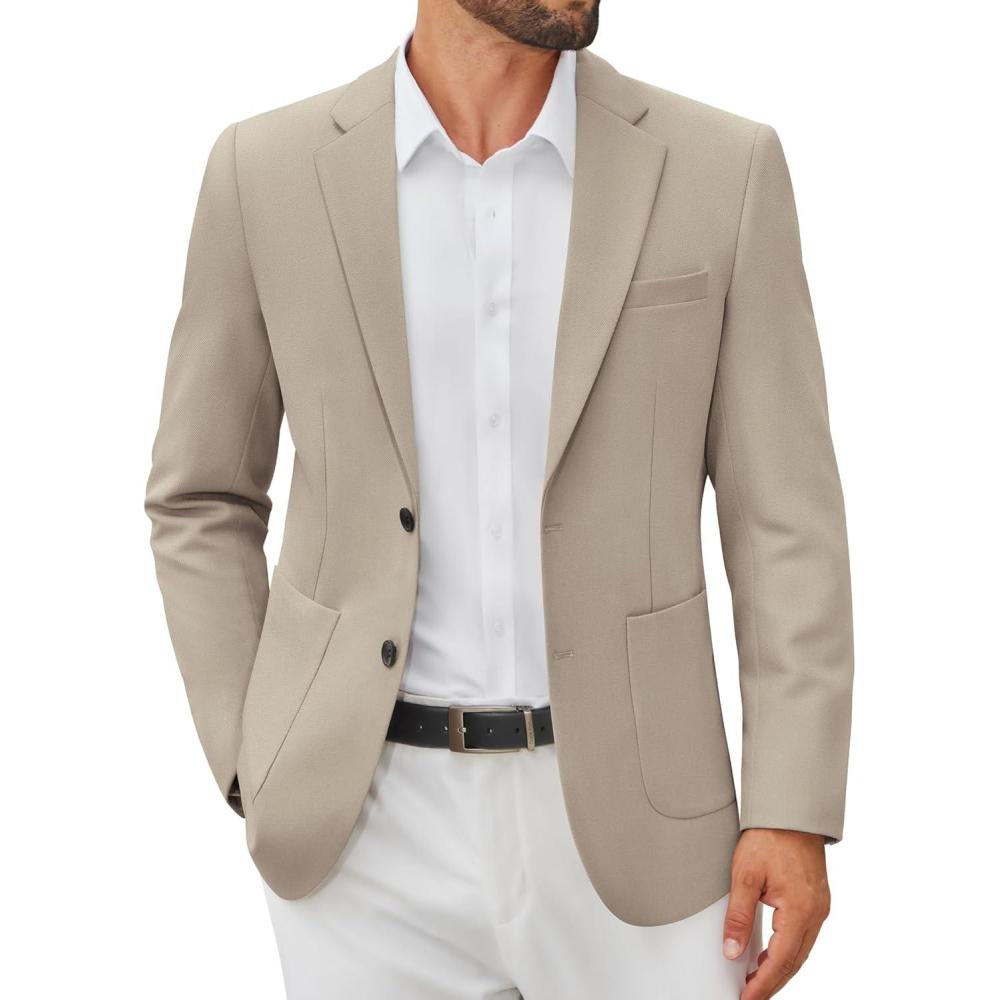 imageCOOFANDY Mens Casual Blazer Jacket Slim Fit Two Button Suit Jackets Lightweight Knit Sport CoatKhaki