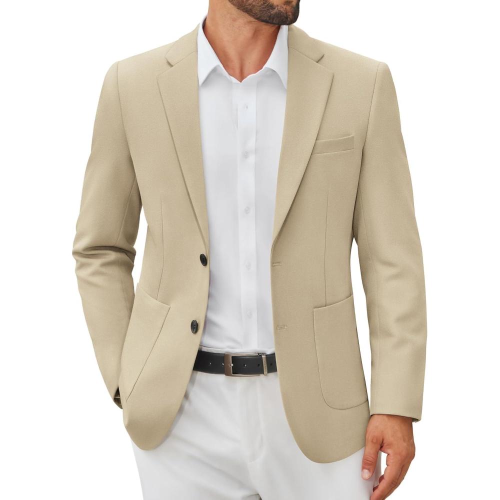 imageCOOFANDY Mens Casual Blazer Jacket Slim Fit Two Button Suit Jackets Lightweight Knit Sport CoatLight Khaki