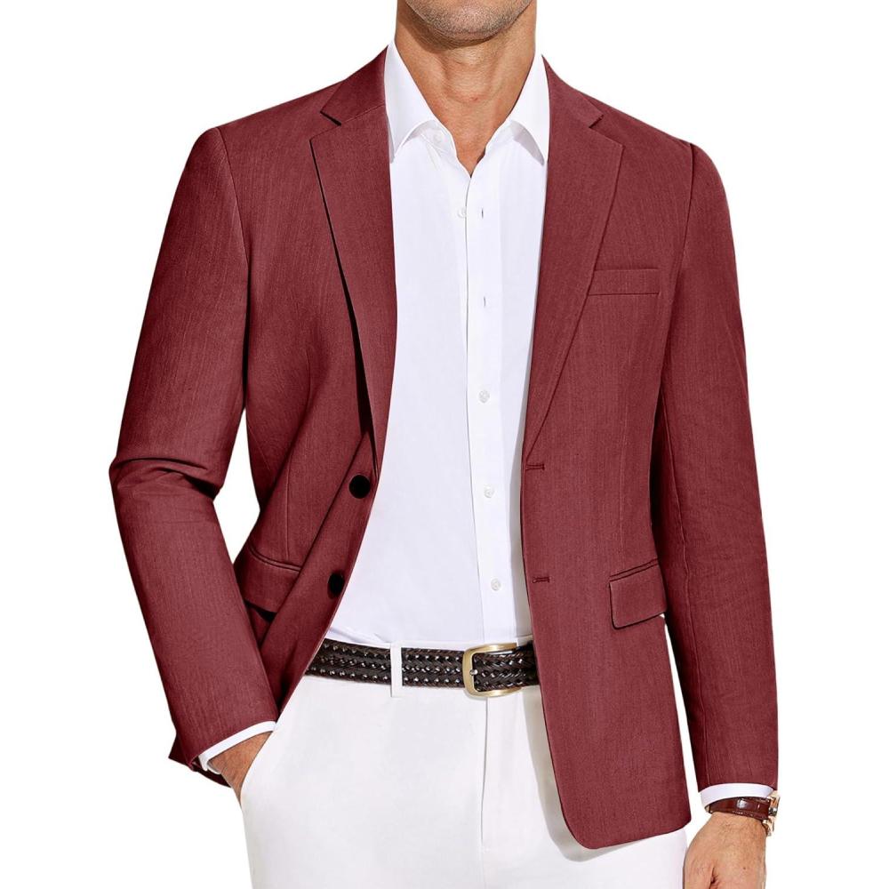 imageCOOFANDY Mens Casual Blazer Lightweight Slim Fit Suit Jacket Two Button Cotton Sport CoatsWine Red