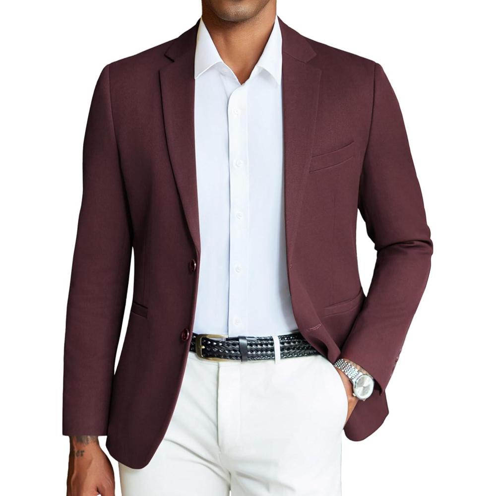 imageCOOFANDY Mens Casual Blazer Slim Fit Sport Coats Two Button Knit Textured Suit JacketWine Red