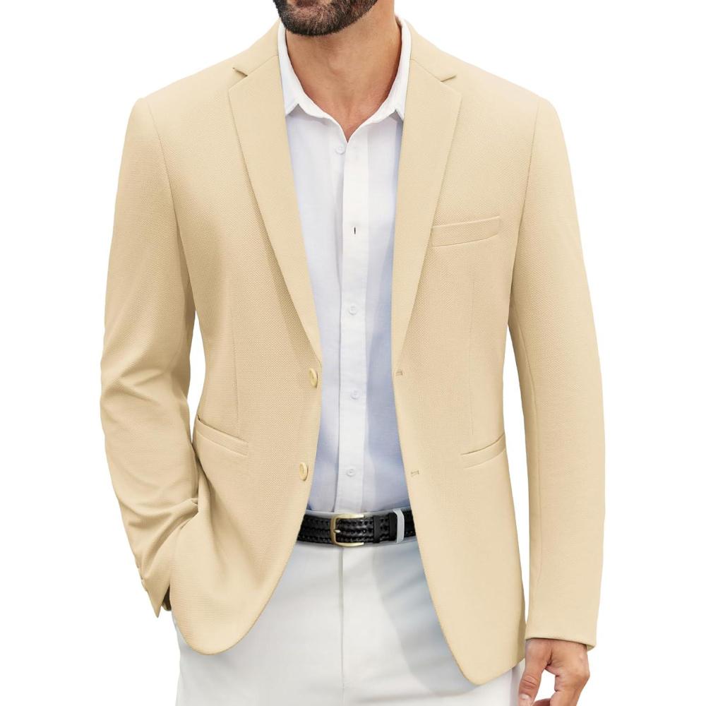 imageCOOFANDY Mens Casual Blazer Slim Fit Suit Jackets Two Button Lightweight Knit Sport CoatLight Khaki