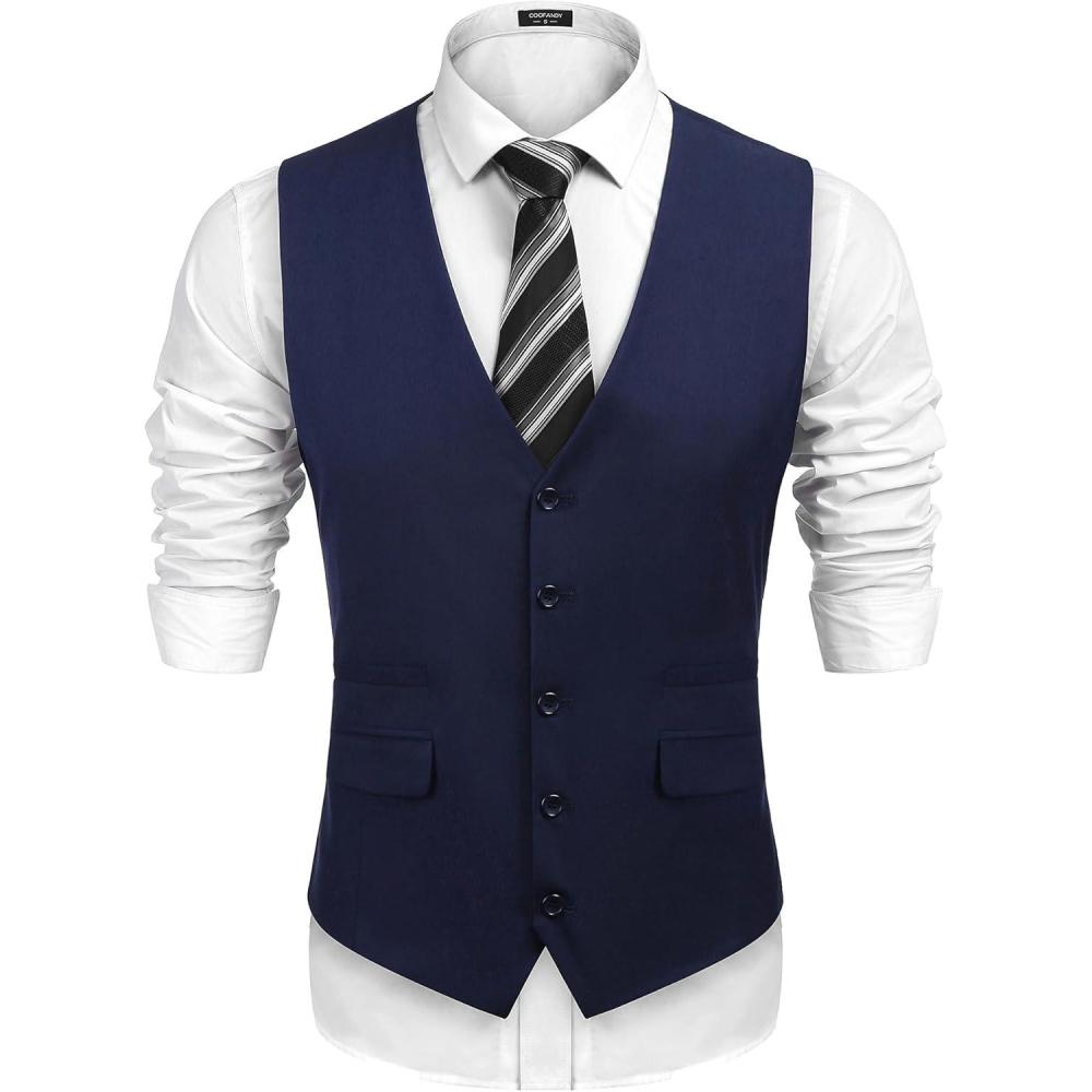 imageCOOFANDY Mens Casual Business Vests Lightweight Waistcoat Slim Fit Suit Vest01navy Blue
