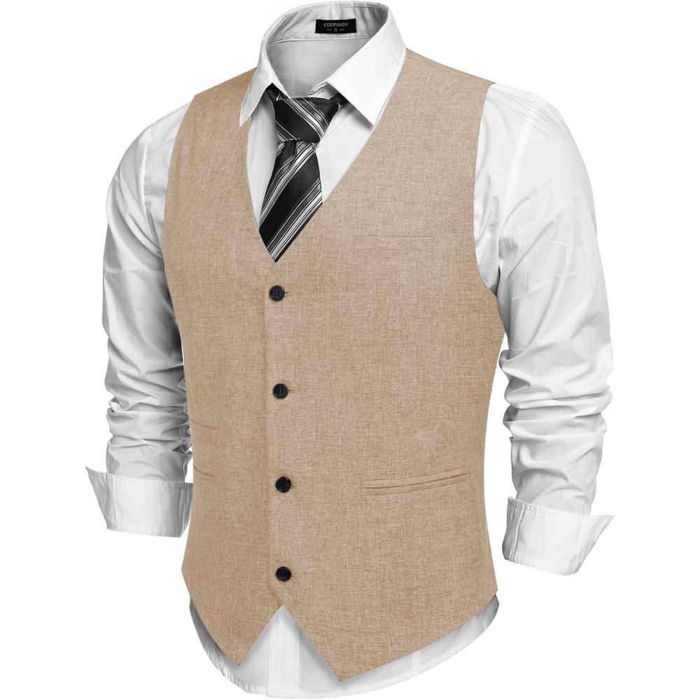 imageCOOFANDY Mens Casual Business Vests Lightweight Waistcoat Slim Fit Suit VestBeige