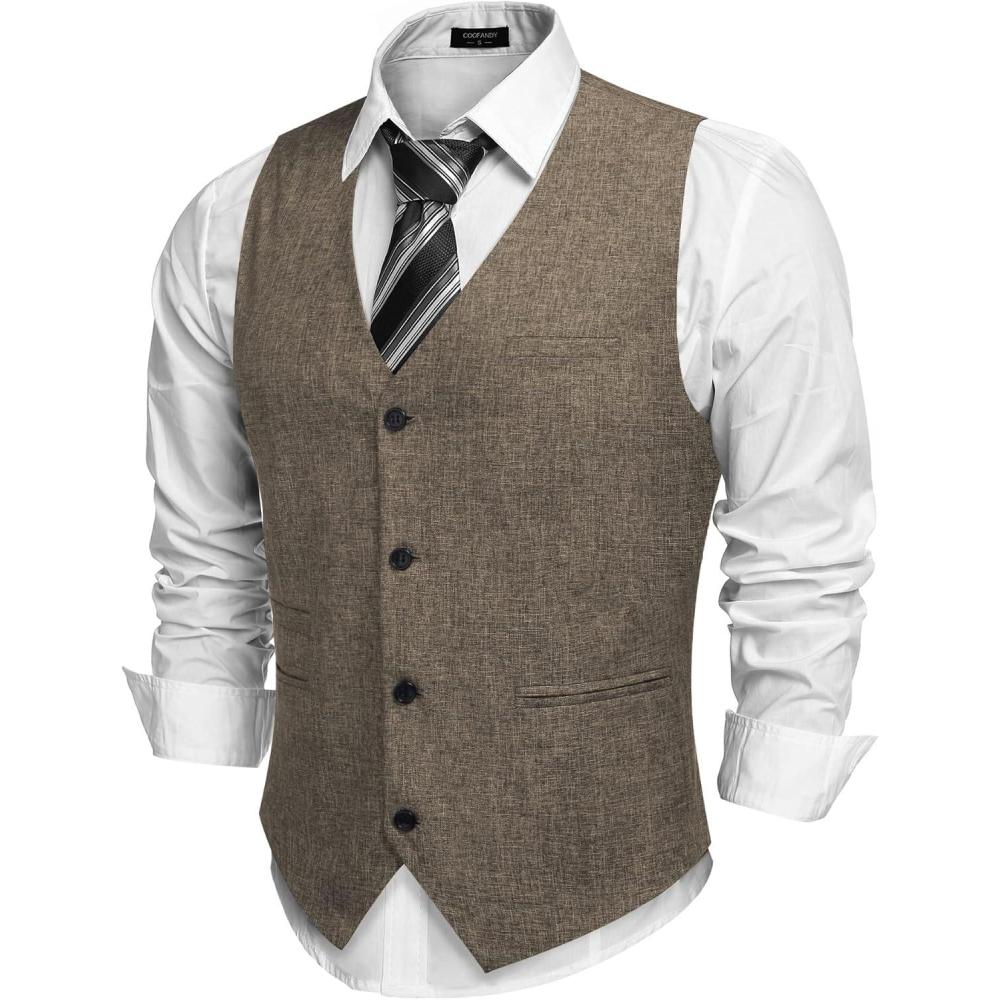 imageCOOFANDY Mens Casual Business Vests Lightweight Waistcoat Slim Fit Suit VestBrown