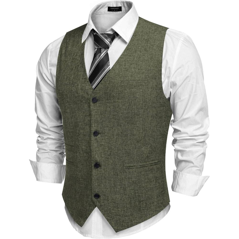 imageCOOFANDY Mens Casual Business Vests Lightweight Waistcoat Slim Fit Suit VestDark Green