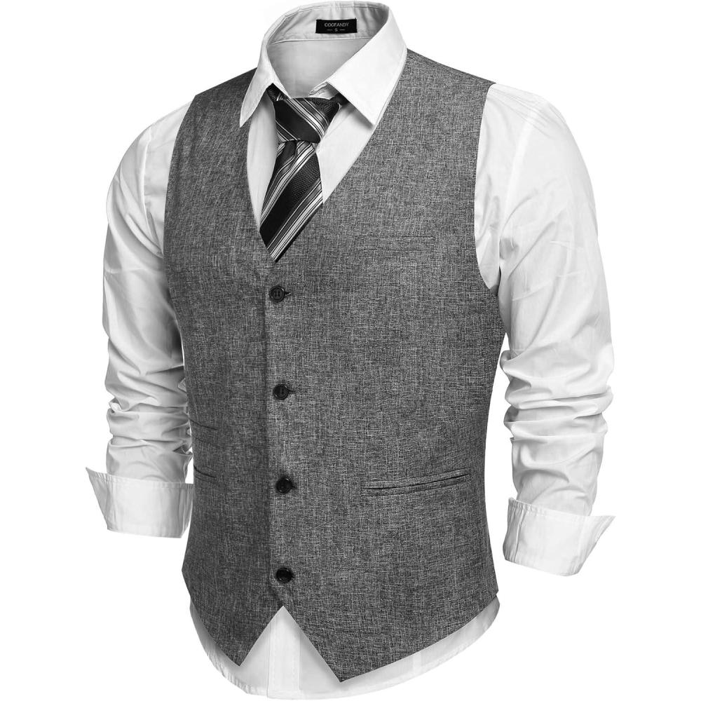 imageCOOFANDY Mens Casual Business Vests Lightweight Waistcoat Slim Fit Suit VestGrey
