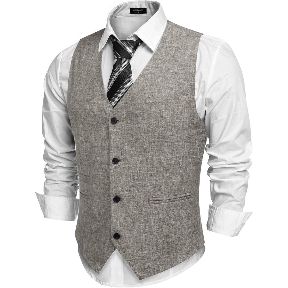 imageCOOFANDY Mens Casual Business Vests Lightweight Waistcoat Slim Fit Suit VestKhaki