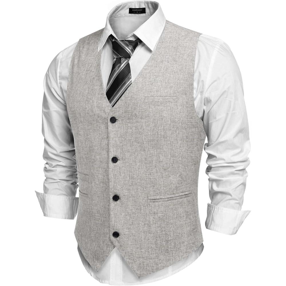 imageCOOFANDY Mens Casual Business Vests Lightweight Waistcoat Slim Fit Suit VestLight Grey