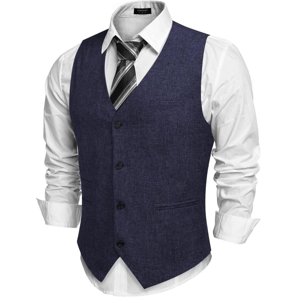 imageCOOFANDY Mens Casual Business Vests Lightweight Waistcoat Slim Fit Suit VestNavy Blue