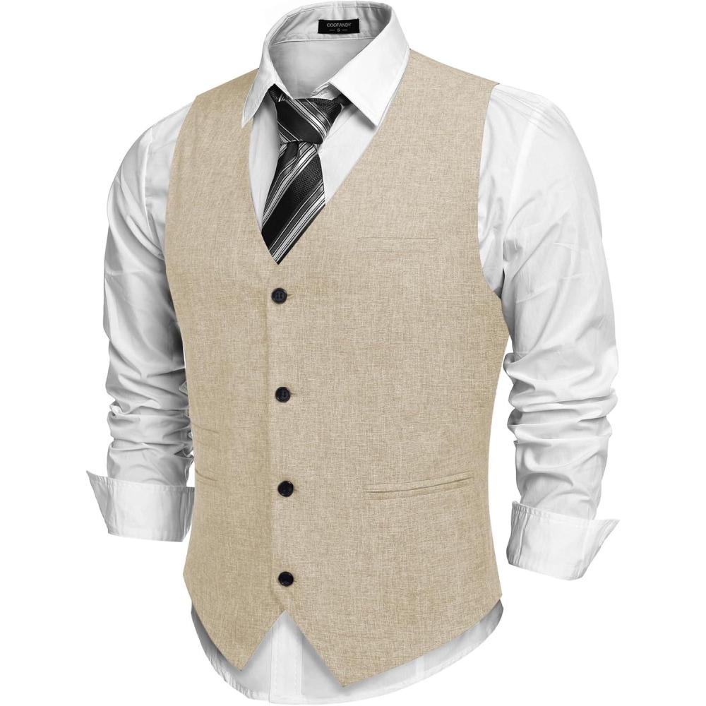 imageCOOFANDY Mens Casual Business Vests Lightweight Waistcoat Slim Fit Suit VestTan
