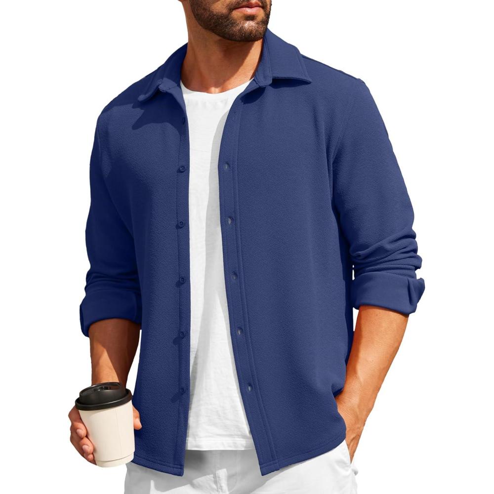 imageCOOFANDY Mens Casual Button Down Shirt Long Sleeve Lightweight Jacket Fashion Textured ShirtsBlue