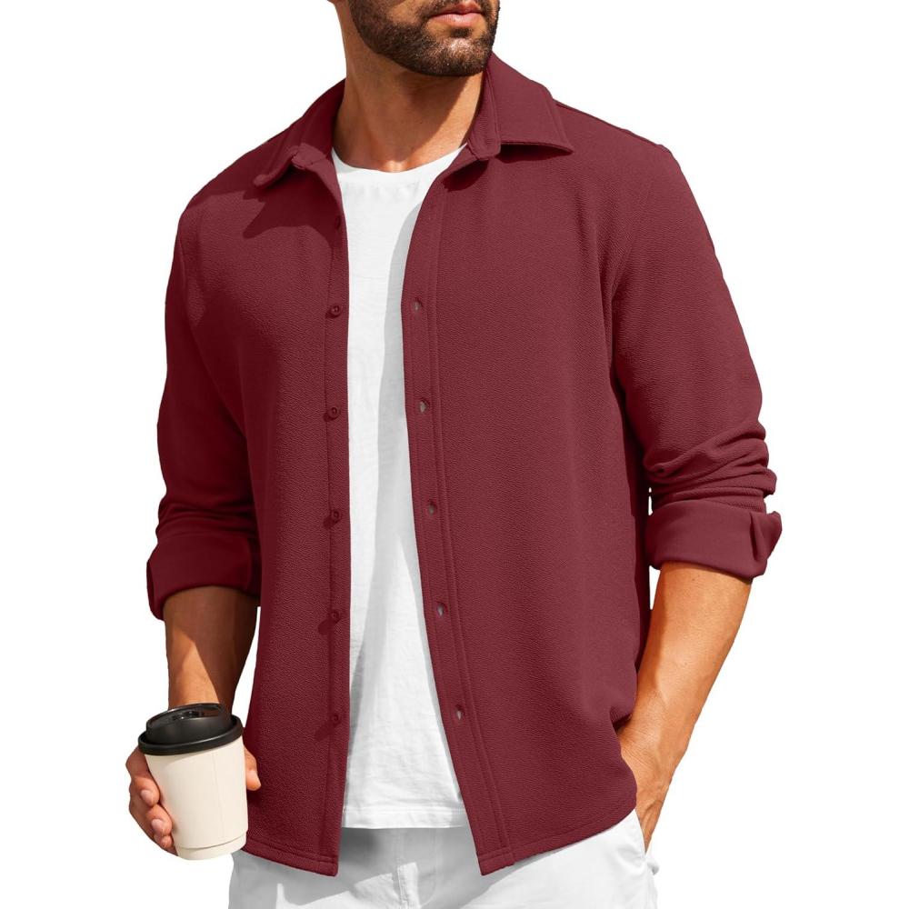 imageCOOFANDY Mens Casual Button Down Shirt Long Sleeve Lightweight Jacket Fashion Textured ShirtsDark Red