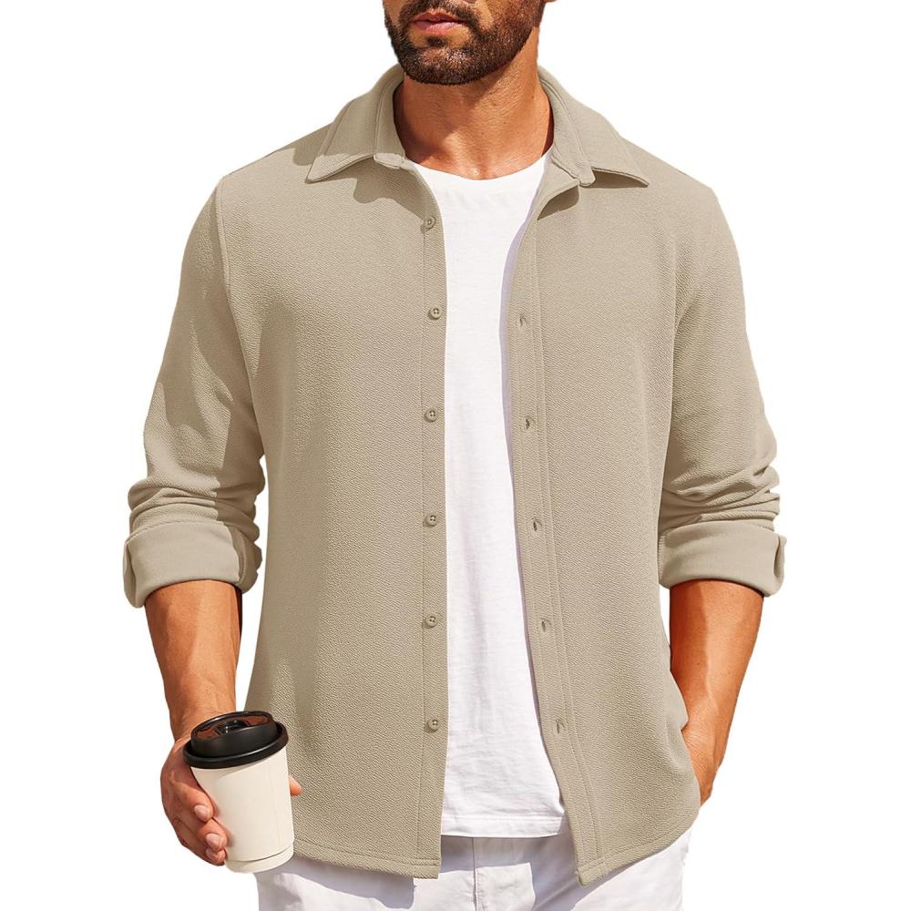 imageCOOFANDY Mens Casual Button Down Shirt Long Sleeve Lightweight Jacket Fashion Textured ShirtsKhaki