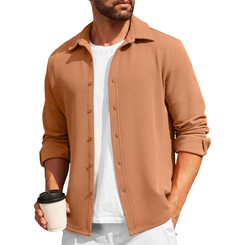 imageCOOFANDY Mens Casual Button Down Shirt Long Sleeve Lightweight Jacket Fashion Textured ShirtsLight Brown