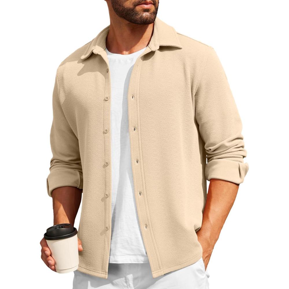 imageCOOFANDY Mens Casual Button Down Shirt Long Sleeve Lightweight Jacket Fashion Textured ShirtsLight Coffee