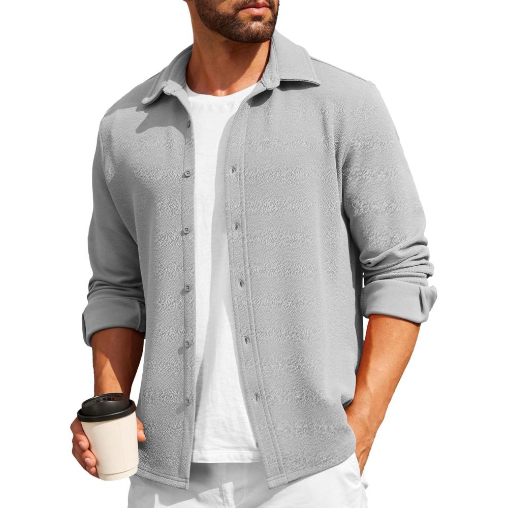 imageCOOFANDY Mens Casual Button Down Shirt Long Sleeve Lightweight Jacket Fashion Textured ShirtsLight Grey