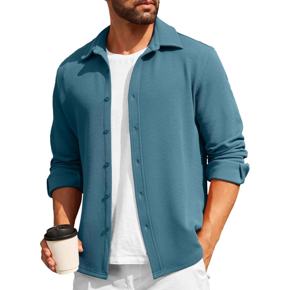 imageCOOFANDY Mens Casual Button Down Shirt Long Sleeve Lightweight Jacket Fashion Textured ShirtsTurquoise