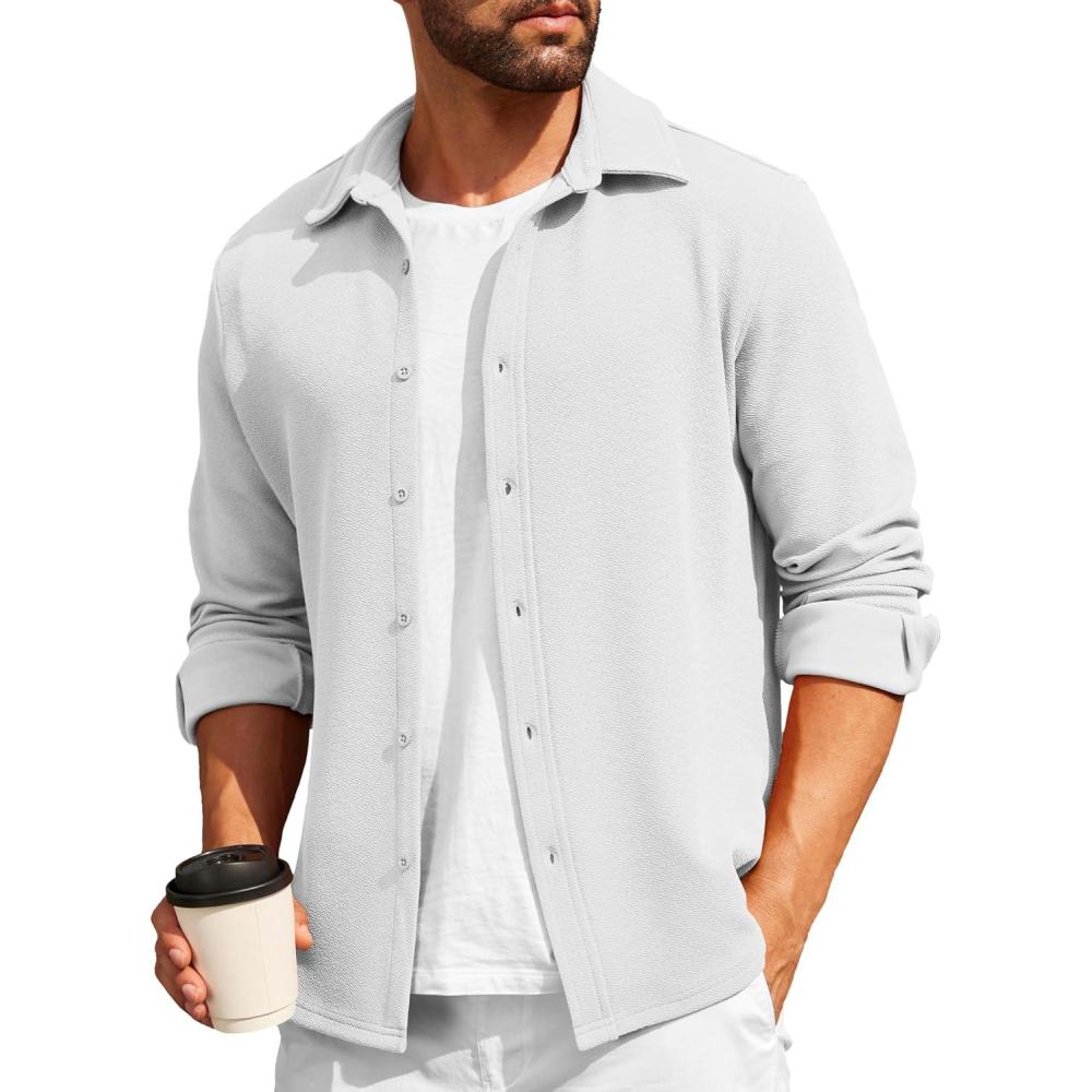imageCOOFANDY Mens Casual Button Down Shirt Long Sleeve Lightweight Jacket Fashion Textured ShirtsWhite