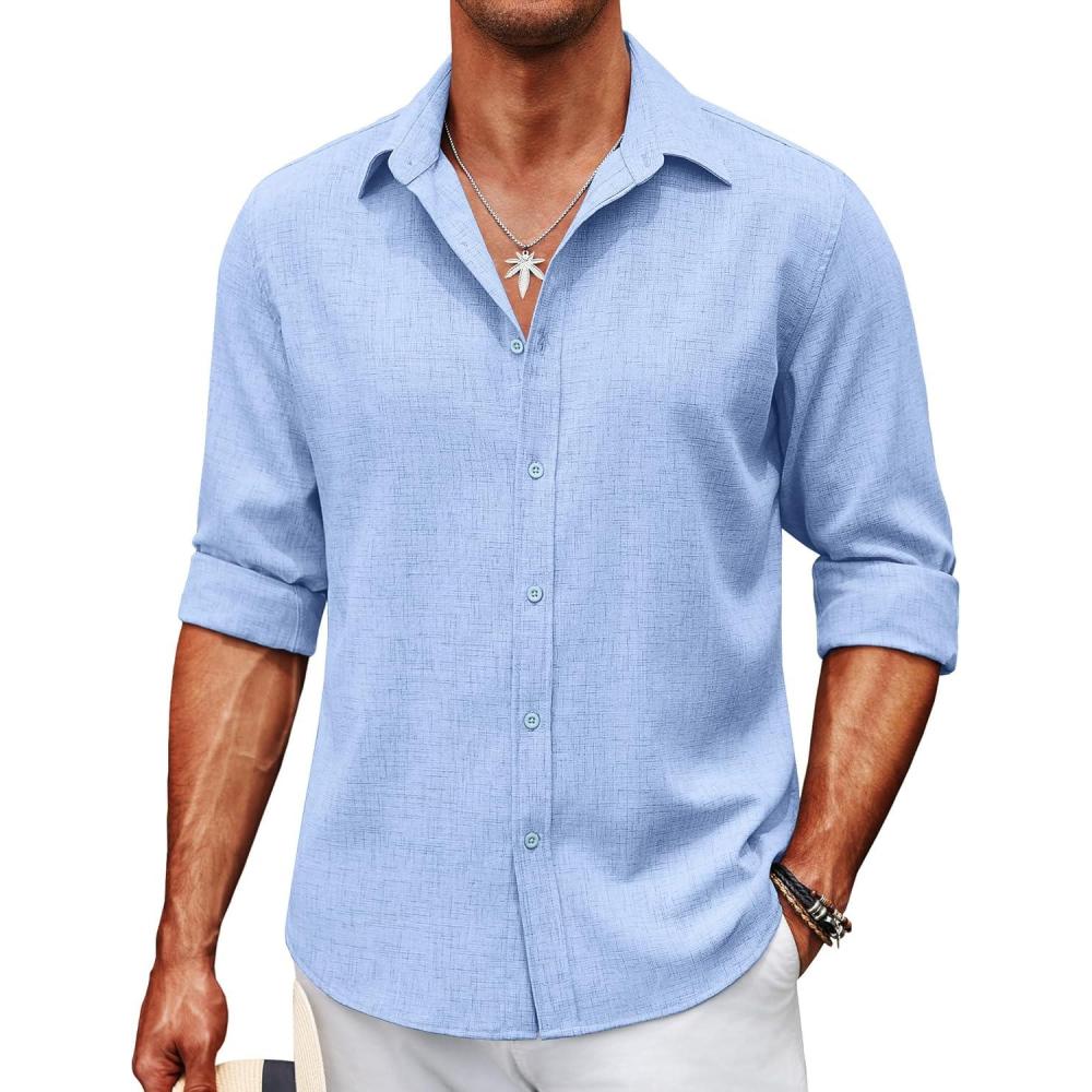 imageCOOFANDY Mens Casual Button Down Shirt Long Sleeve Untucked Chambray Shirt Wrinkle Free Dress ShirtsAndromeda Blue