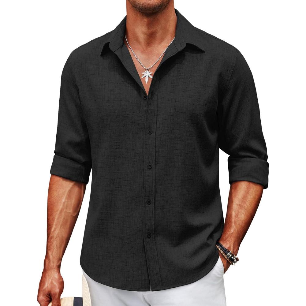 imageCOOFANDY Mens Casual Button Down Shirt Long Sleeve Untucked Chambray Shirt Wrinkle Free Dress ShirtsBlack Onyx