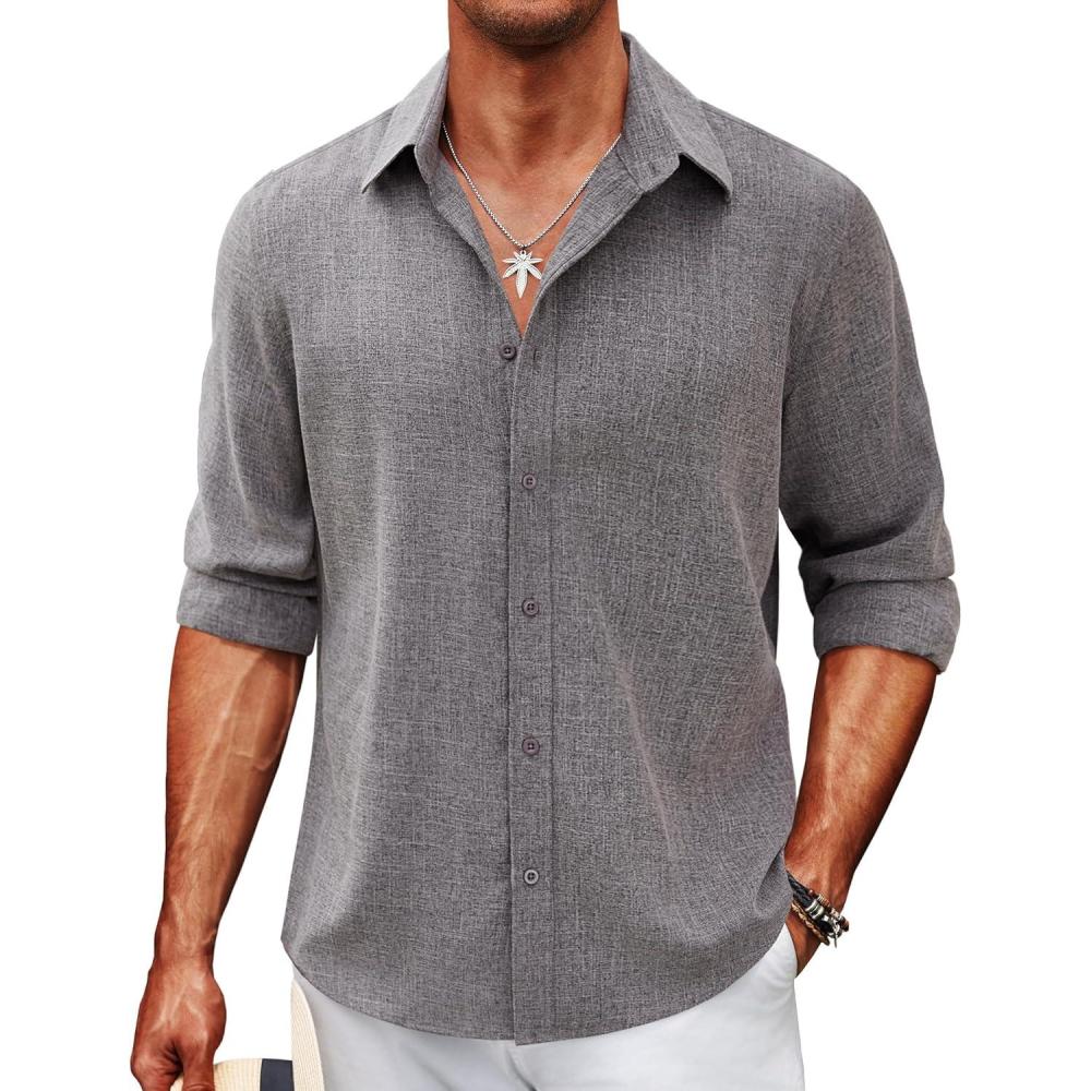 imageCOOFANDY Mens Casual Button Down Shirt Long Sleeve Untucked Chambray Shirt Wrinkle Free Dress ShirtsGranite Gray