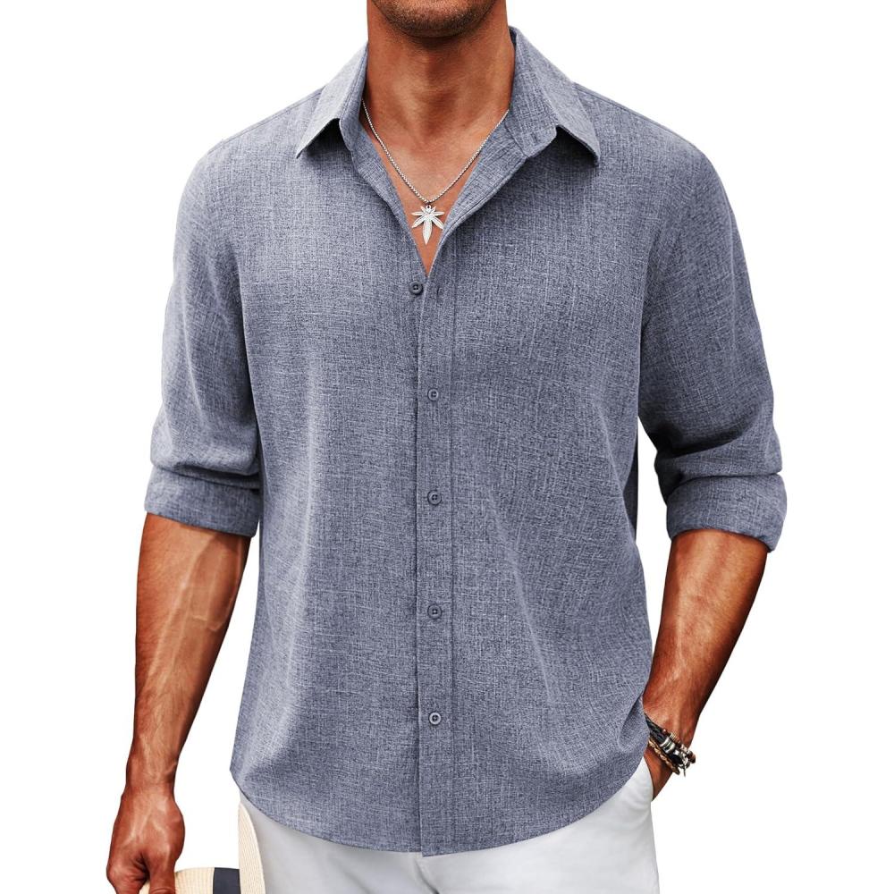 imageCOOFANDY Mens Casual Button Down Shirt Long Sleeve Untucked Chambray Shirt Wrinkle Free Dress ShirtsMedieval Blue