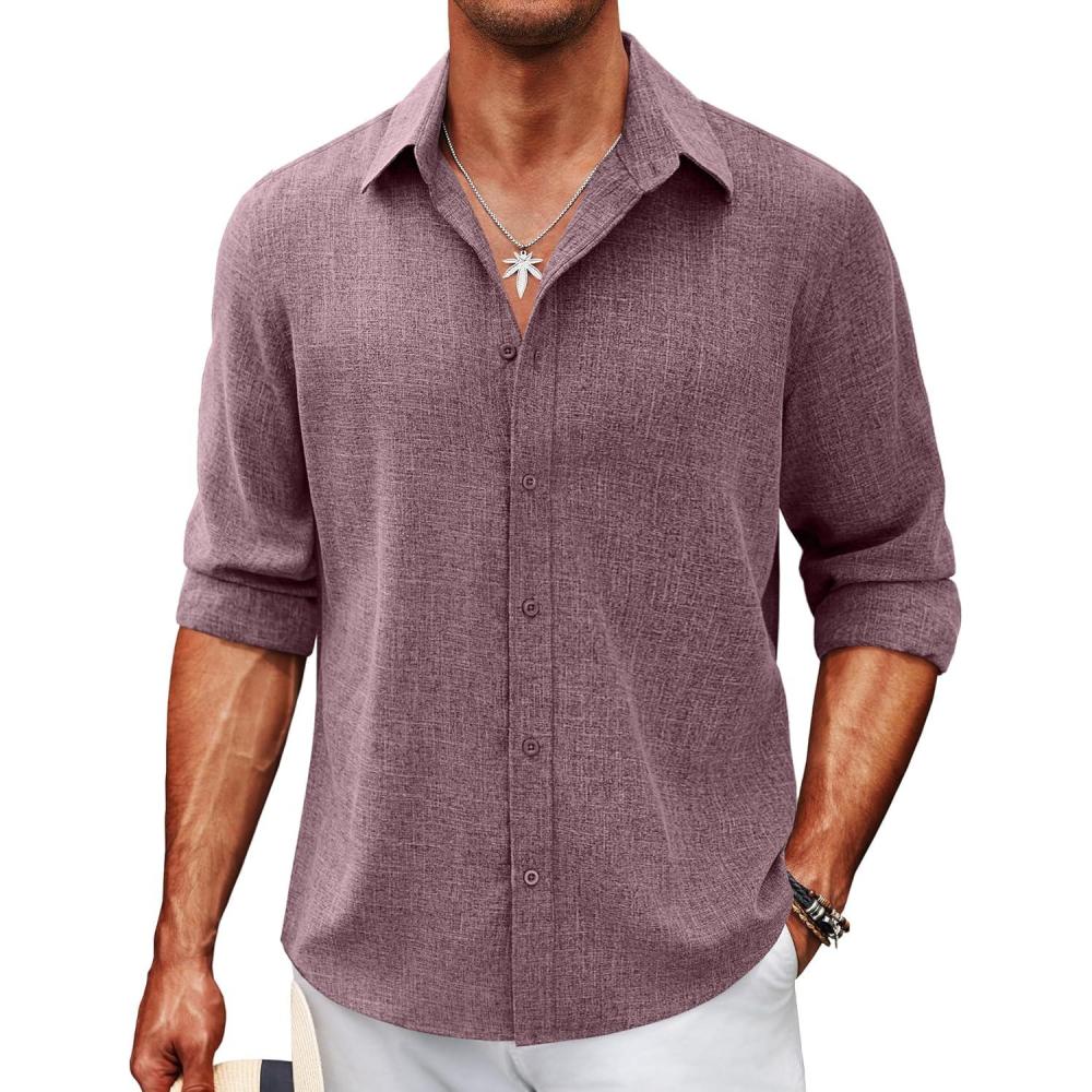 imageCOOFANDY Mens Casual Button Down Shirt Long Sleeve Untucked Chambray Shirt Wrinkle Free Dress ShirtsTawny Port