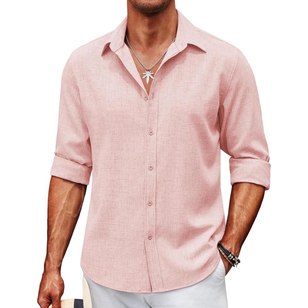 imageCOOFANDY Mens Casual Button Down Shirt Long Sleeve Untucked Chambray Shirt Wrinkle Free Dress ShirtsVeiled Rose