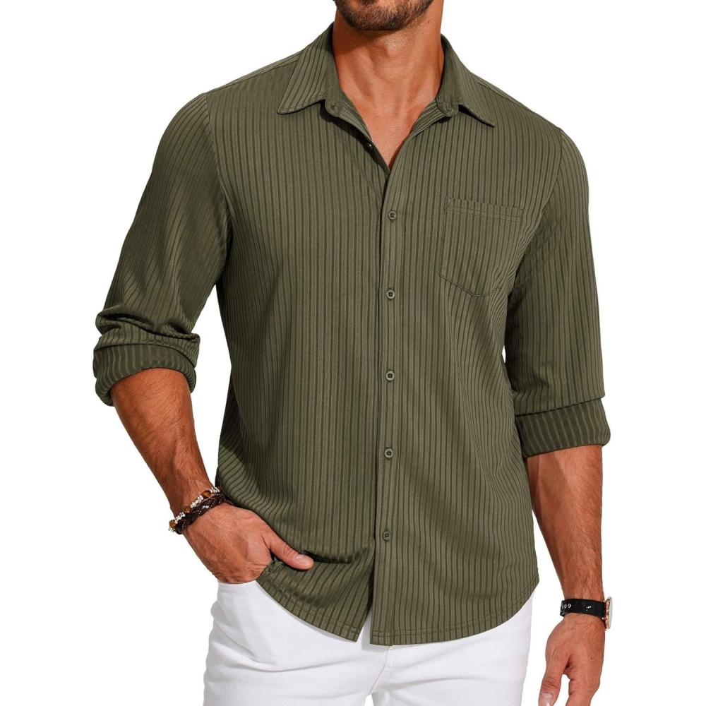 imageCOOFANDY Mens Casual Button Down Shirt Long Sleeve Wrinkle Free Shirts Loose fit Shirt Textured Stretch Shirts with PocketArmy Green