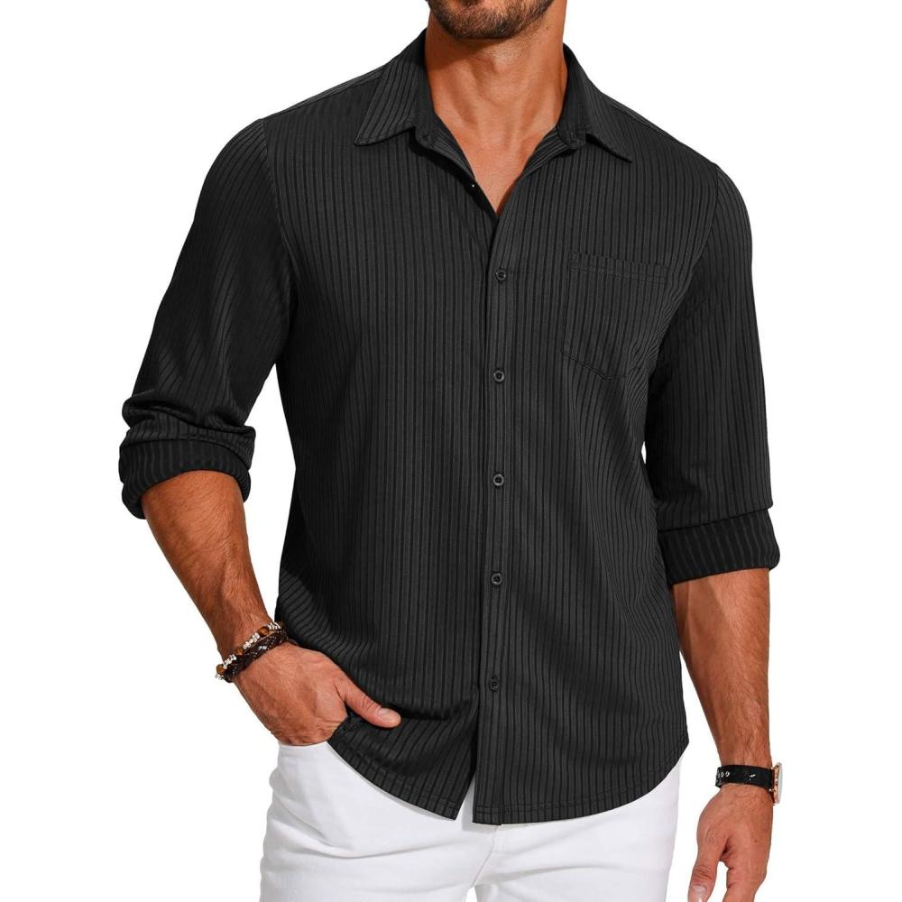 imageCOOFANDY Mens Casual Button Down Shirt Long Sleeve Wrinkle Free Shirts Loose fit Shirt Textured Stretch Shirts with PocketBlack