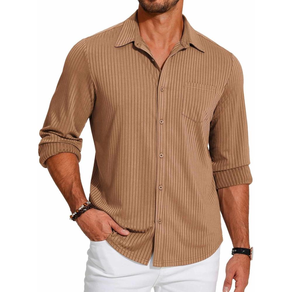imageCOOFANDY Mens Casual Button Down Shirt Long Sleeve Wrinkle Free Shirts Loose fit Shirt Textured Stretch Shirts with PocketKhaki