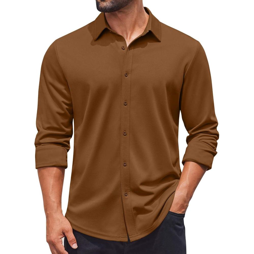 imageCOOFANDY Mens Casual Button Down Shirt Long Sleeve Wrinkle Free Shirts Stretch Dress ShirtBrown