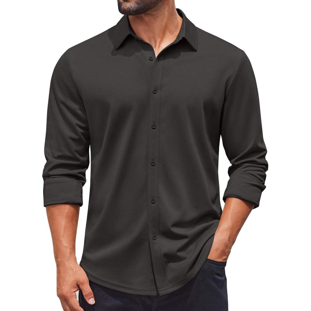 imageCOOFANDY Mens Casual Button Down Shirt Long Sleeve Wrinkle Free Shirts Stretch Dress ShirtDark Gray