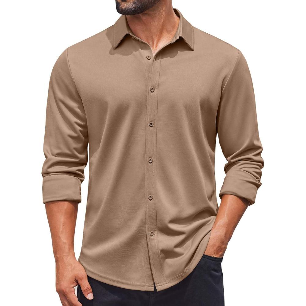 imageCOOFANDY Mens Casual Button Down Shirt Long Sleeve Wrinkle Free Shirts Stretch Dress ShirtKhaki