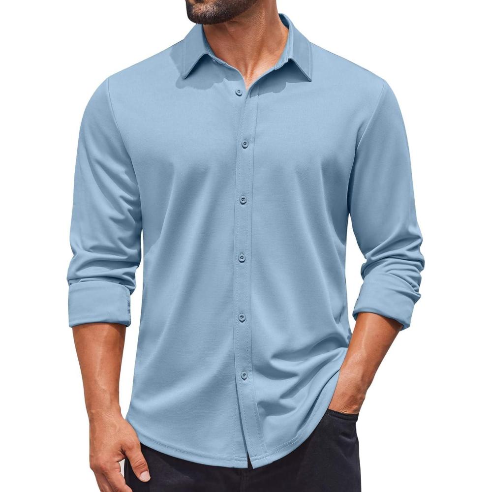 imageCOOFANDY Mens Casual Button Down Shirt Long Sleeve Wrinkle Free Shirts Stretch Dress ShirtLight Blue